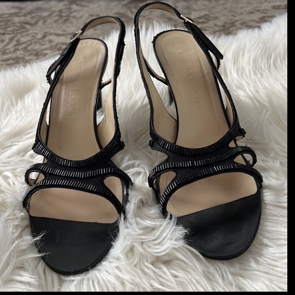 BOTTEGA VENETA Black Satin and Leather Slingback Heels - Picture 14 of 16